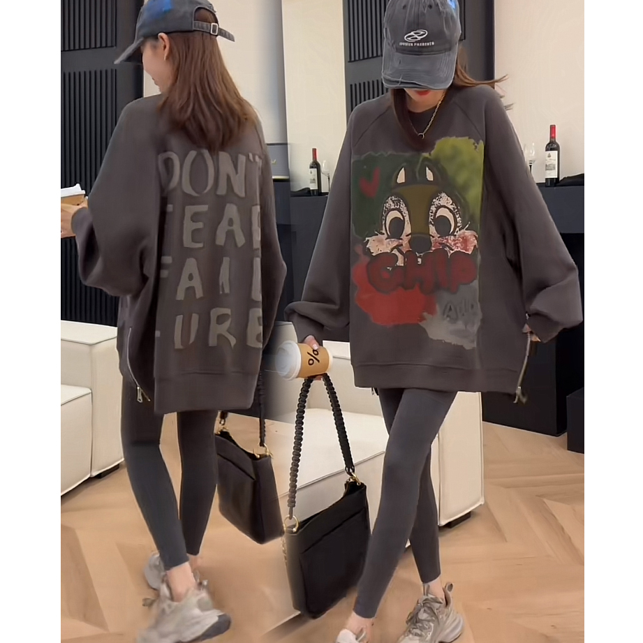 仿華棉複合牛奶絲/後包領開叉拉鏈設計感中長款衛衣女寬鬆上衣
