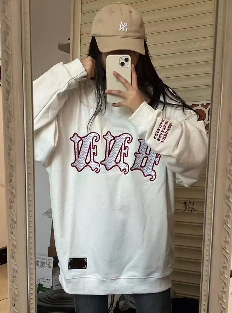 美式復古上衣大字母刺繡衛衣男女寬鬆情侶圓領打底衫2023年韓版