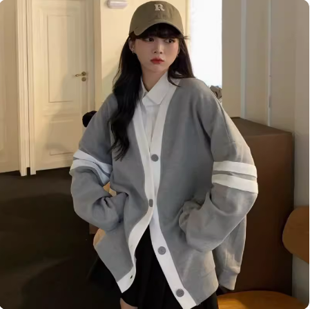 Contrast color sweater cardigan for women early autumn niche design Japanese preppy style lazy loose knitted jacket for little people