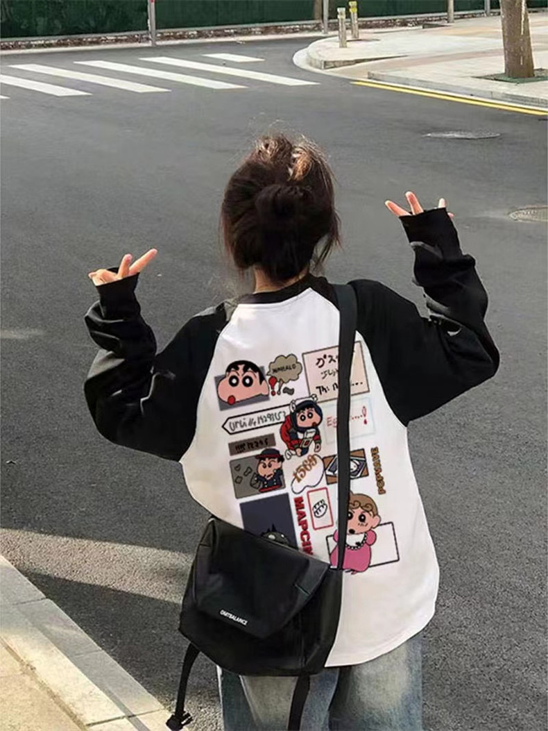 2023新款春秋季純棉拼接撞色插肩長袖t恤女寬鬆甜美風可愛上衣服