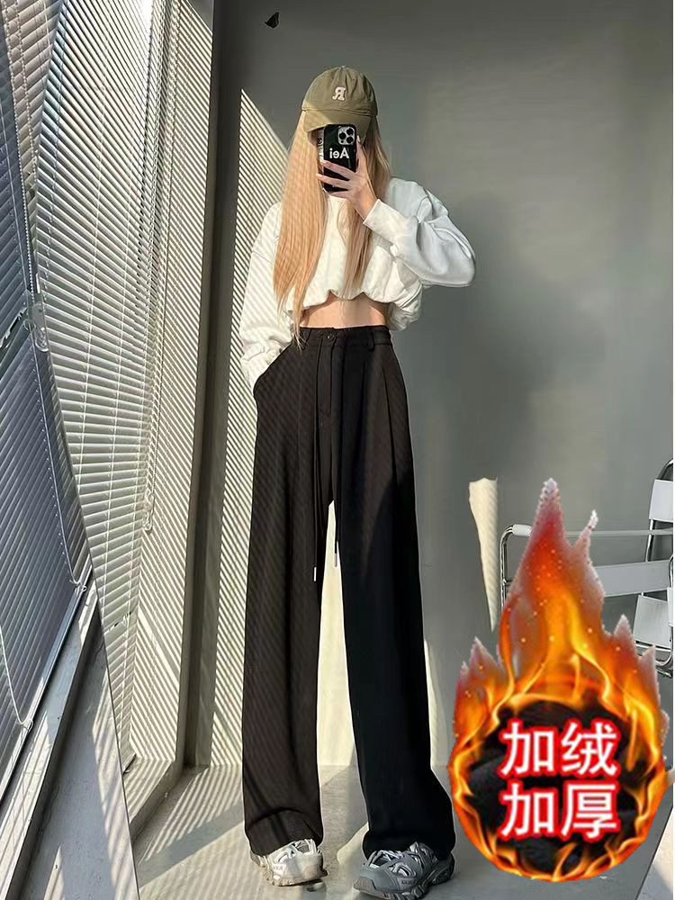 新款灰色運動褲女闊腿直筒休閒寬鬆抽繩美式衛褲女 春秋款/加絨款