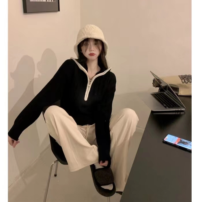 港味復古chic高領拉鏈毛衣外套女秋冬季設計感小眾外穿加厚慵懶風
