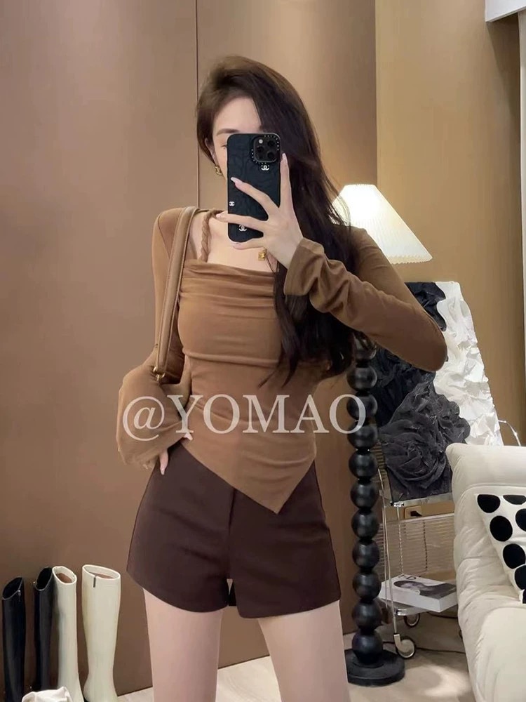 美式辣妹麻花設計感不規則T恤女秋裝長袖修身性感上衣時尚小衫潮