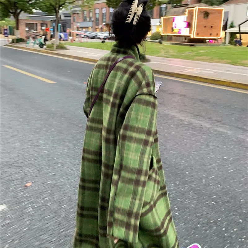 黃亮Lovey正反兩穿外套小眾復古顯白咖綠長款粗格子大衣