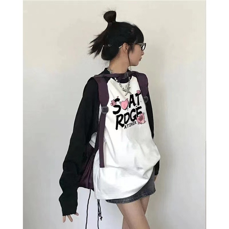 美式復古長袖t恤女春秋款設計感oversize慵懶風插肩袖打底衫上衣