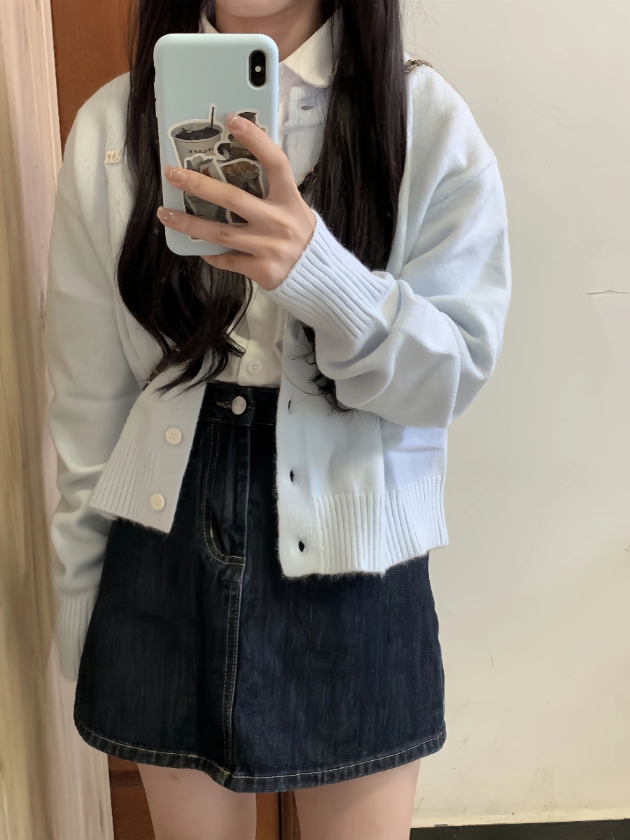 軟糯慵懶毛衣韓系淺藍色休閒外套女2023新款春秋長袖針織開衫