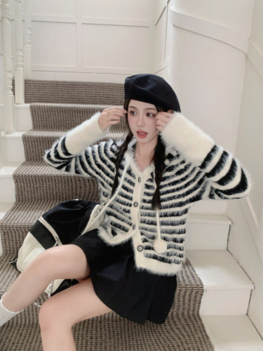 Real shot~Striped mink sweater women's slim alpaca knitted hooded coat cardigan