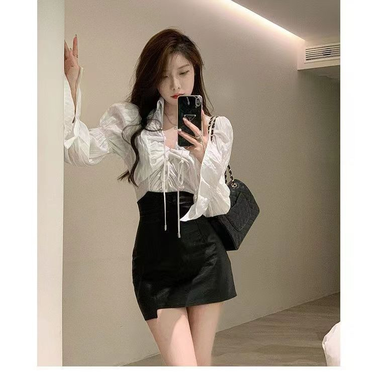 法式別致抽繩白色襯衫女春秋設計感小眾後背綁帶V領顯瘦長袖上衣