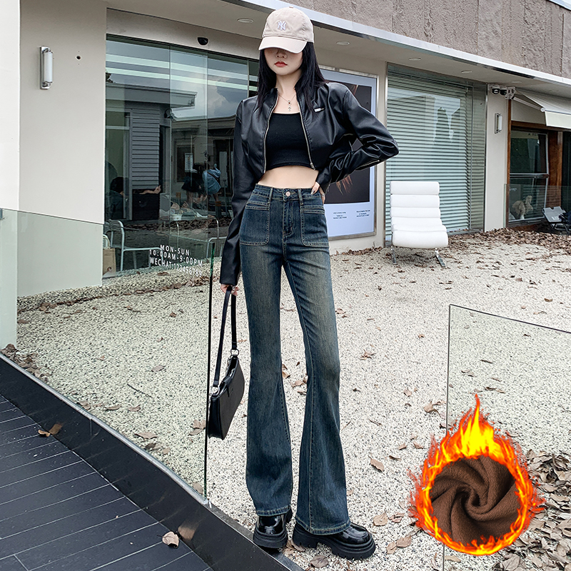 實拍 2023秋冬水泥灰微喇叭牛仔褲女修身彈力加絨加厚百搭闊腿褲