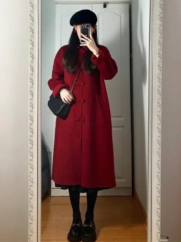 赫本风红色毛呢西装外套女中长款年冬季新款气质加厚呢子大衣