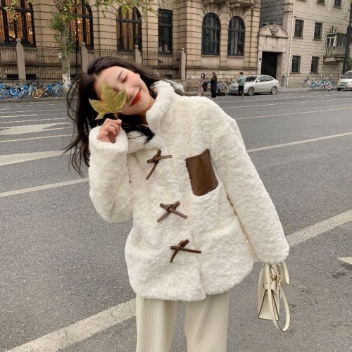 Lamb wool jacket for women, street plush, thickened, casual, versatile, autumn and winter, Korean version, new bow-knot cotton coat, trendy cotton coat