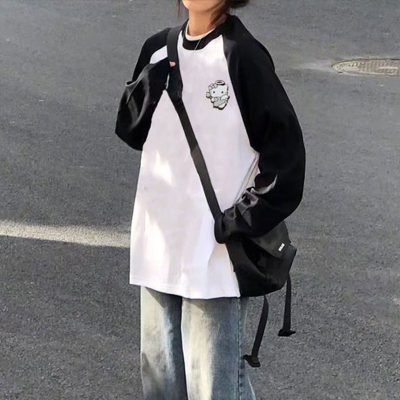 100%純棉春秋季新款拼接可愛卡通長袖t恤女寬鬆學院風插肩上衣服
