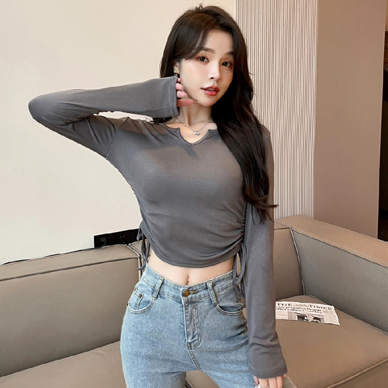 實拍設計感小眾抽繩v領正肩t恤女秋冬季辣妹顯瘦短款長袖上衣