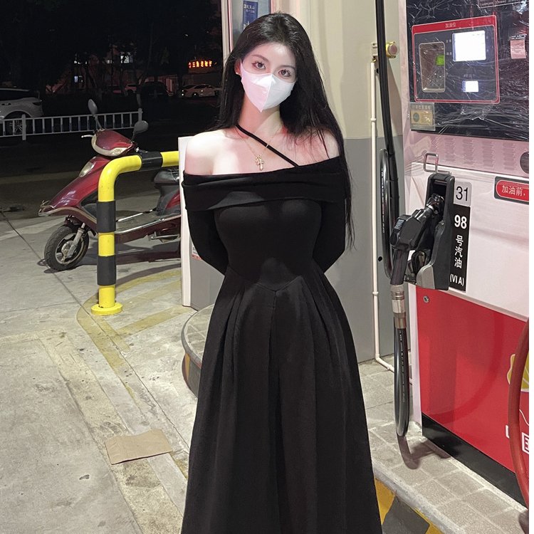 螺紋+四面彈 法式復古設計感連衣裙2023秋季新款一字領甜美溫柔裙