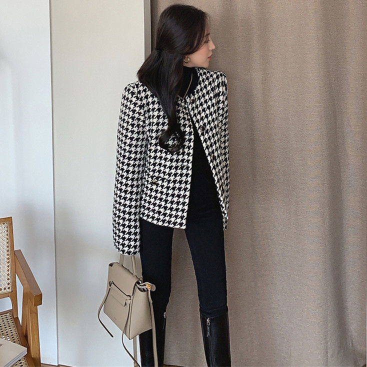 Korean style simple round neck houndstooth short jacket for women 2023 autumn new small tweed casual jacket top