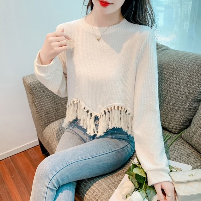 Designed round neck tassel short top 2023 spring new style fashionable long-sleeved versatile sweater for women