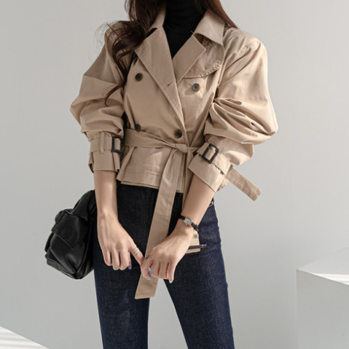 尺码更新韩国chic秋季绑带西装领单排扣风衣女宽松短款外套