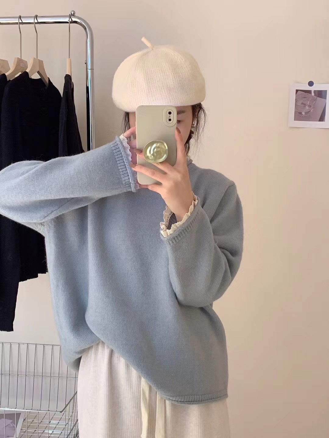 韓系浣熊絨蕾絲圓領毛衣女秋冬復古慵懶風寬鬆軟糯百搭打底針織衫