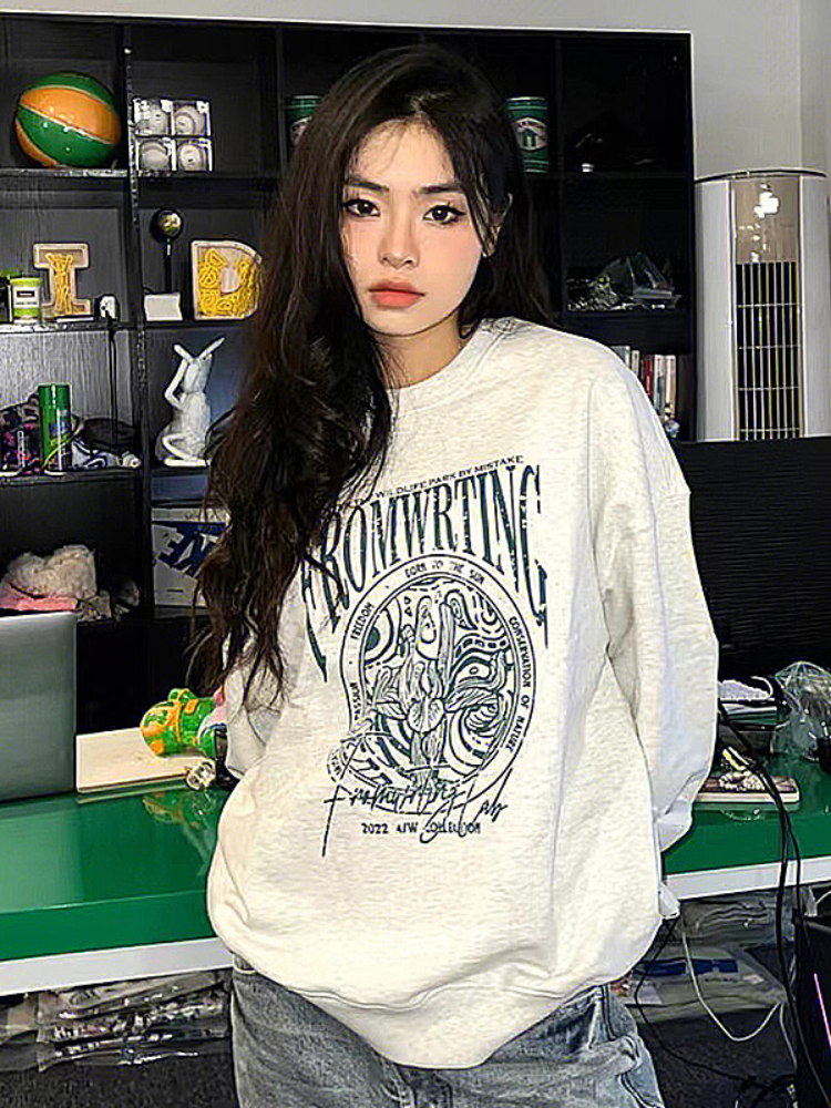 新款 華棉複合薄款310克/加絨410克 秋冬裝衛衣女印花寬鬆大碼