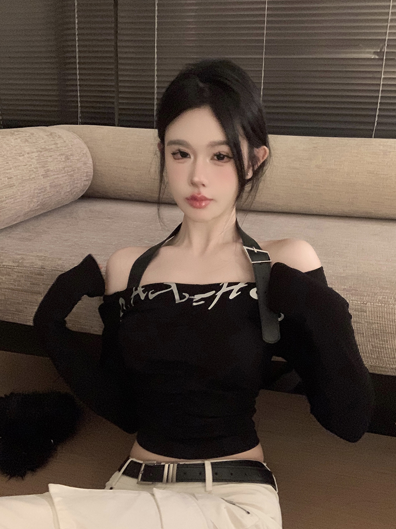 實拍 設計感獨特小眾掛脖字母印花上衣女2023秋裝辣妹短款長袖t恤