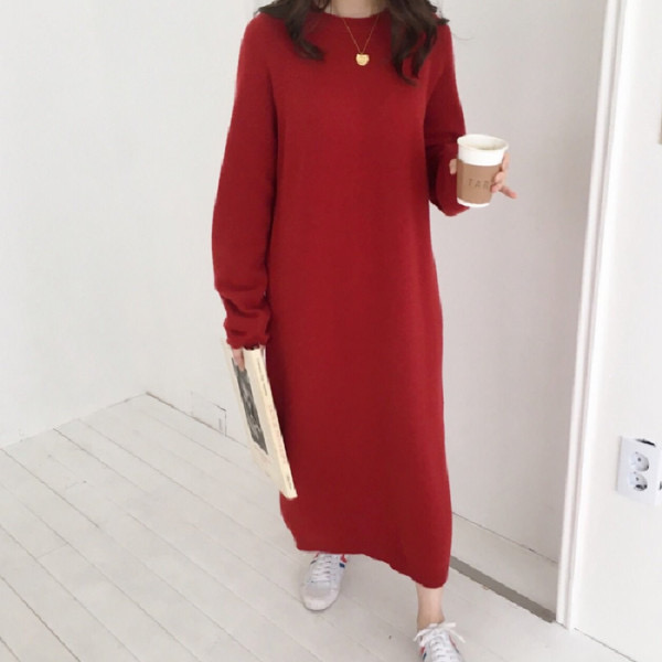 韓國 chic風 慵懶氣質純色寬鬆圓領長款簡約毛衣裙