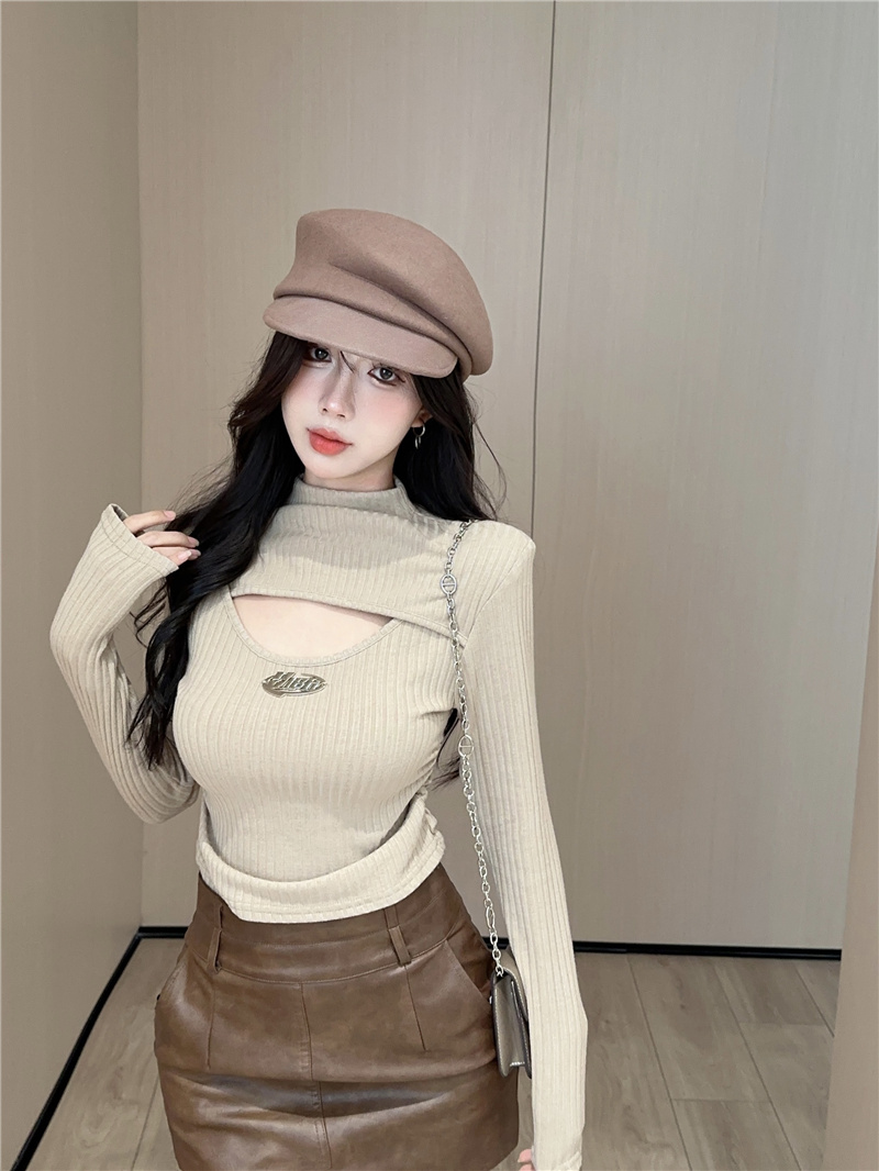 實拍~冬季新款設計感小眾修身顯瘦羊絨坑條半高領打底上衣女