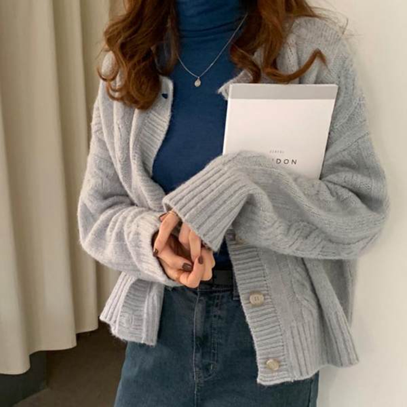 2023粗麻花針織衫短款外套女復古港風上衣寬鬆百搭學院風毛衣開衫