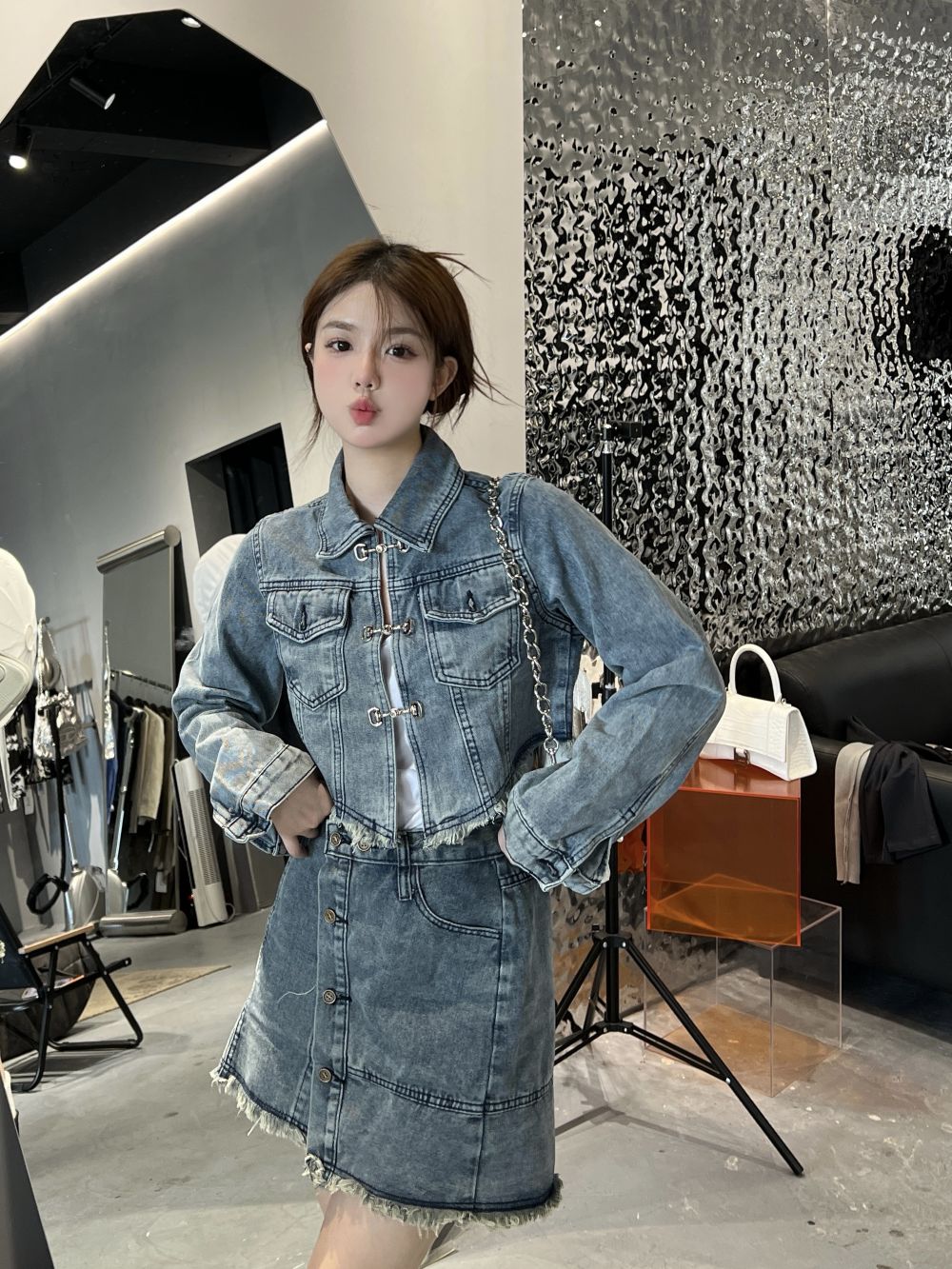實拍三標齊美式復古辣妹套裝復古質感外套上衣高腰半身裙