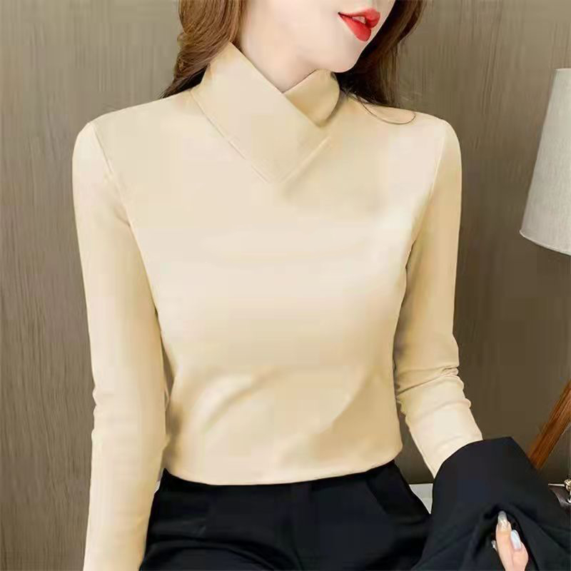 可加圖案 秋冬新款雙面德絨打底衫女交叉V領長袖t恤修身內搭保暖