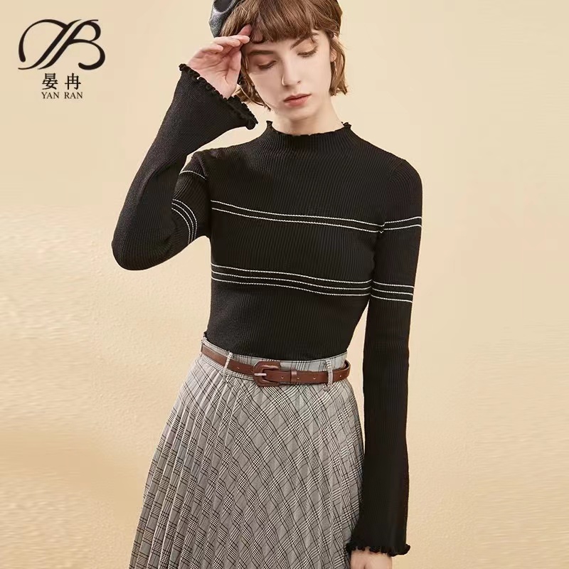 秋冬毛衣女修身黑白條紋木耳邊喇叭長袖內搭上衣半高領針織打底衫
