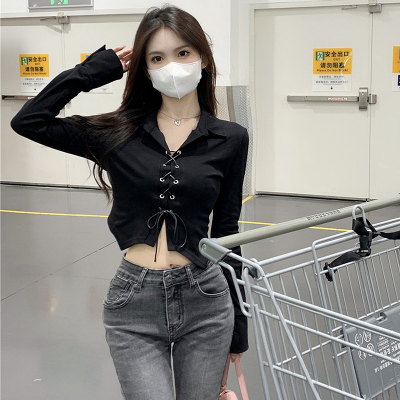 Short t-shirt for women in spring and autumn, hottie straps, slim fit, polo collar, long-sleeved bottoming shirt top