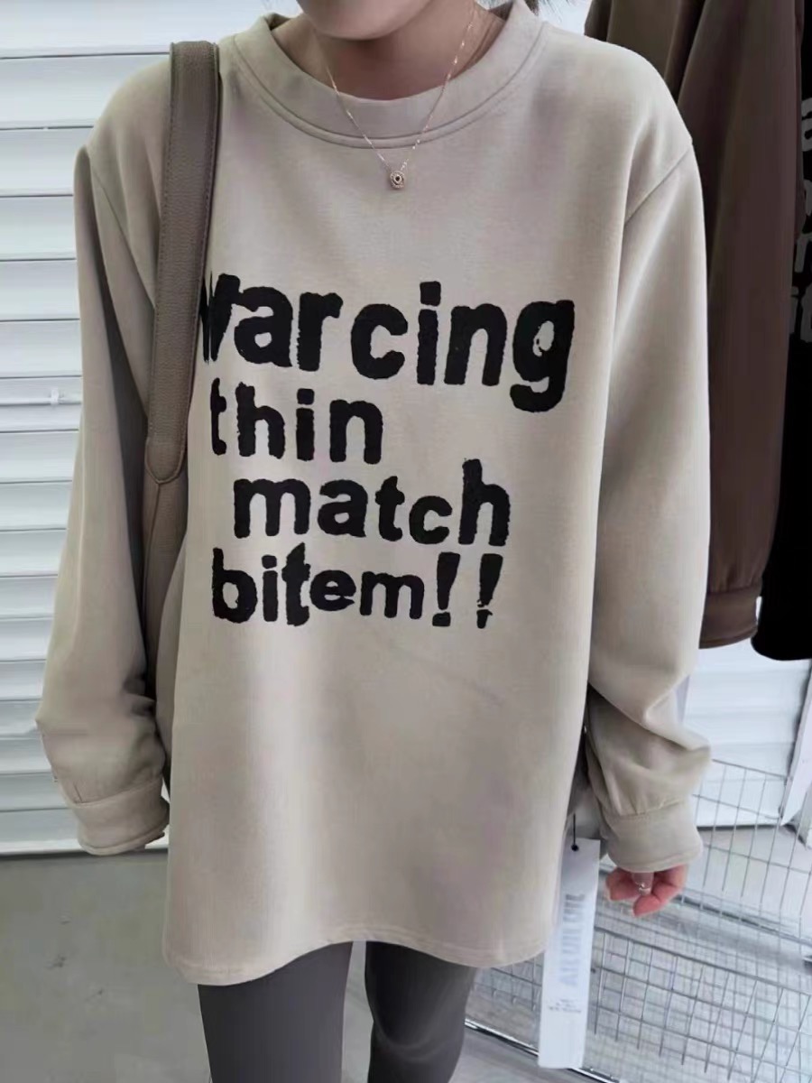 2023 Winter New Loose Letter Printed Round Neck Velvet Thickened Mid-Length Long Sleeve Sweater Women's Versatile Top