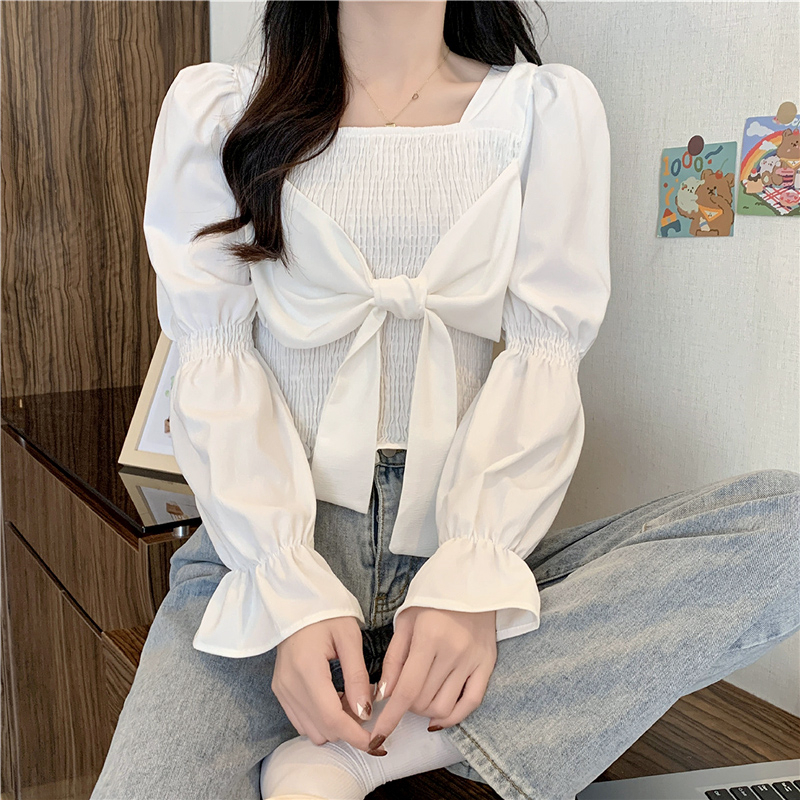 Real shot of autumn and winter French sweet short shirt women's slimming and age-reducing bow long-sleeved versatile top