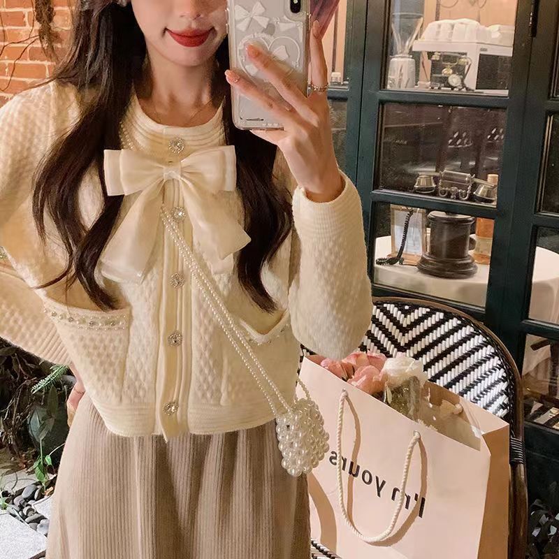開衫毛衣外套女秋冬2023年新款韓版紅色小香風蝴蝶結針織上衣甜美