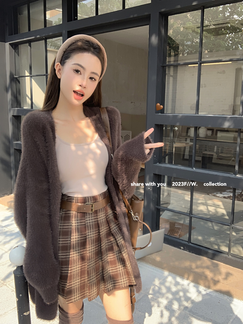 實拍 美式輕奢美拉德慵懶軟糯毛衣開衫吊帶背心百褶裙套裝