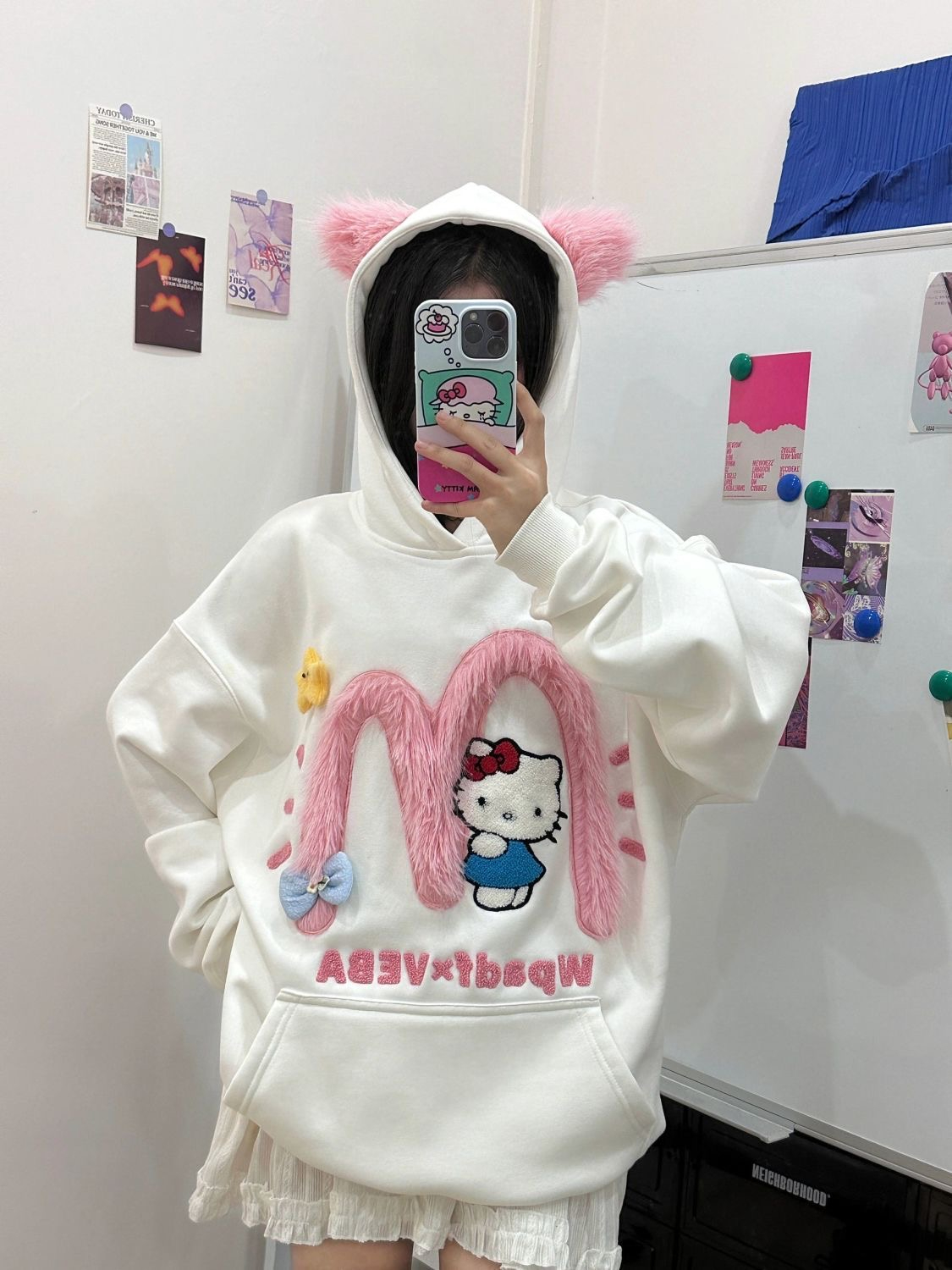 x不是好人 HelloKitty毛絨刺繡連帽加絨衛衣寬鬆麥門印花慵懶帽衫