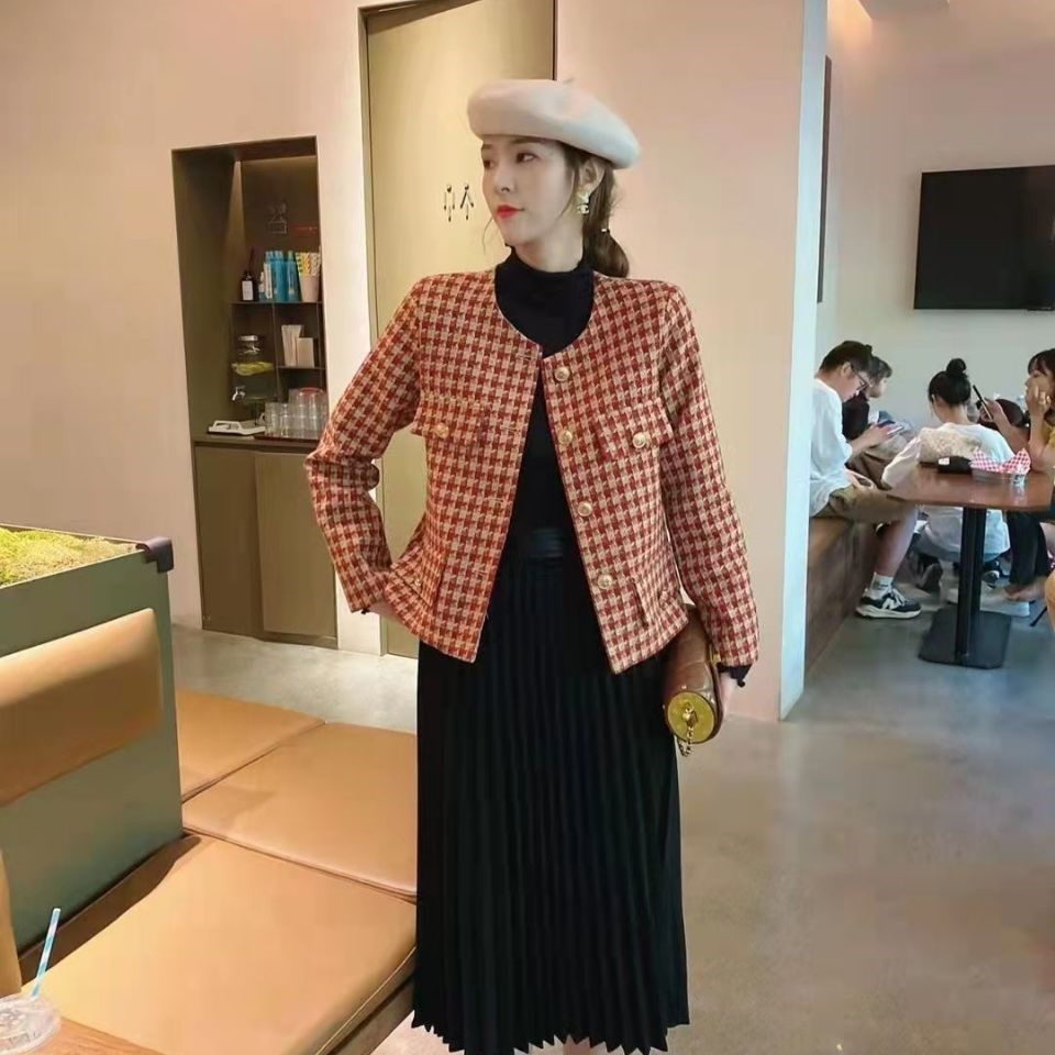 2023年新款春秋英倫復古短款長袖小眾百搭千鳥格小香風外套上衣女