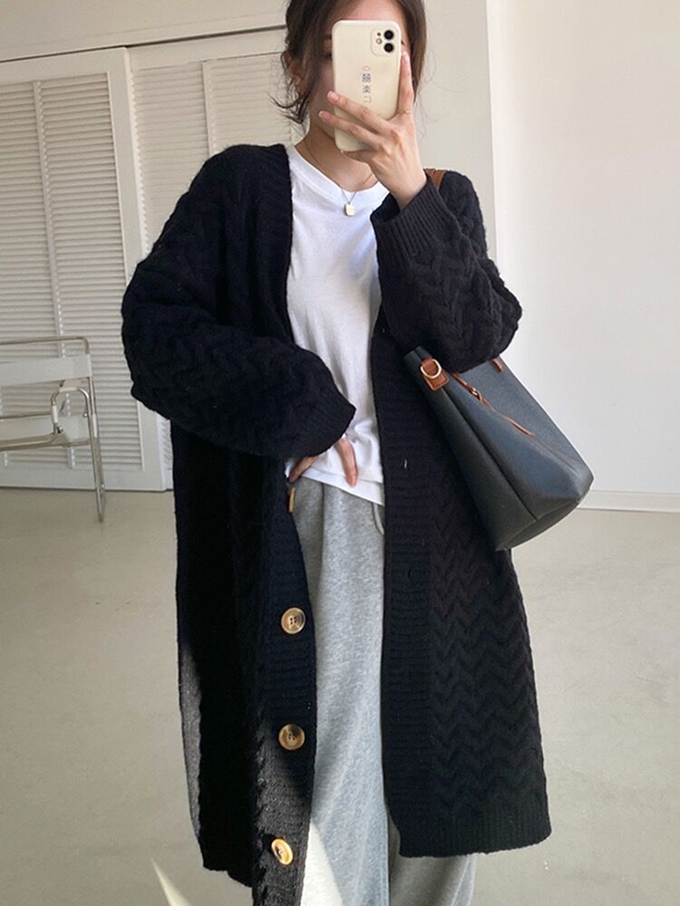 秋冬復古麻花針織開衫女中長款過膝寬鬆V領百搭黑色加厚毛衣外套