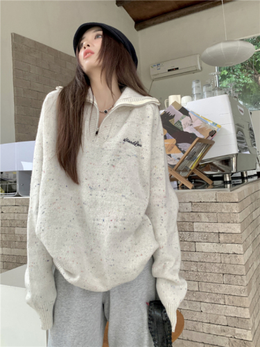 Actual shot of new autumn and winter zipper turtleneck long-sleeved sweater lazy style top for women