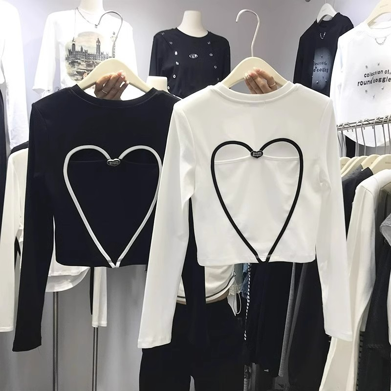 40 count O'Dell cotton 2023 early autumn sweetheart love stitching contrasting color design long-sleeved T-shirt for women