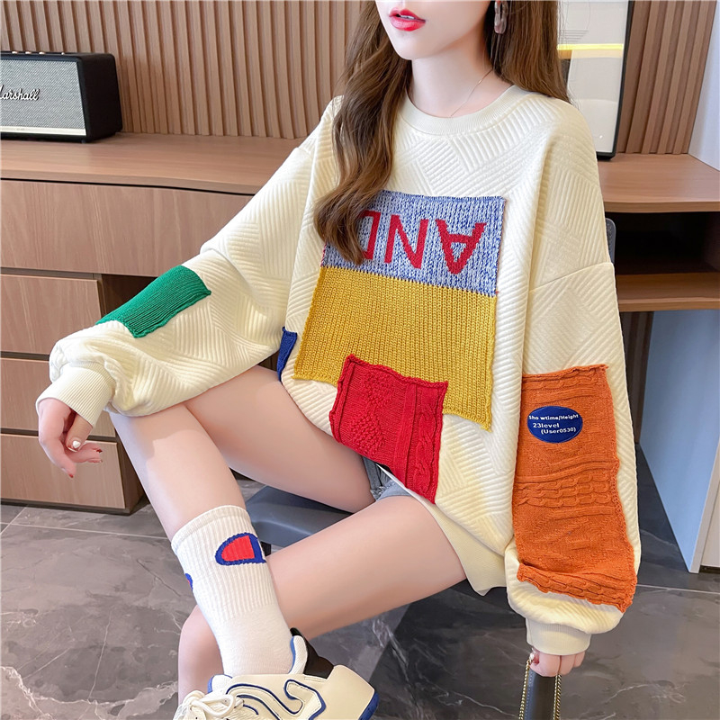 Actual shot of autumn Korean style back bag collar jacquard round neck letter patch loose plus size women's thin sweatshirt for women