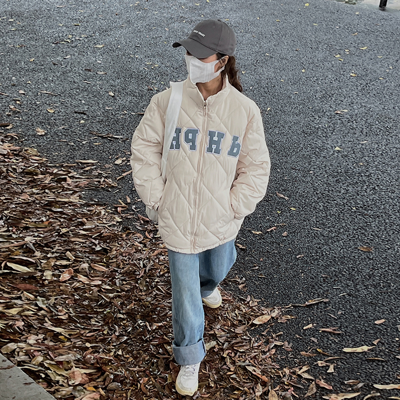 實拍羽絨棉服女ins美式菱形格棉衣韓版棉襖oversize加厚學生外套