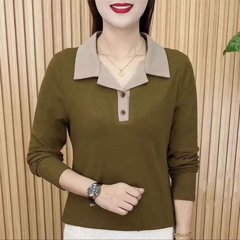帶領t恤女長袖春秋新款體恤時尚polo衫媽媽遮肉上衣外穿打底小衫