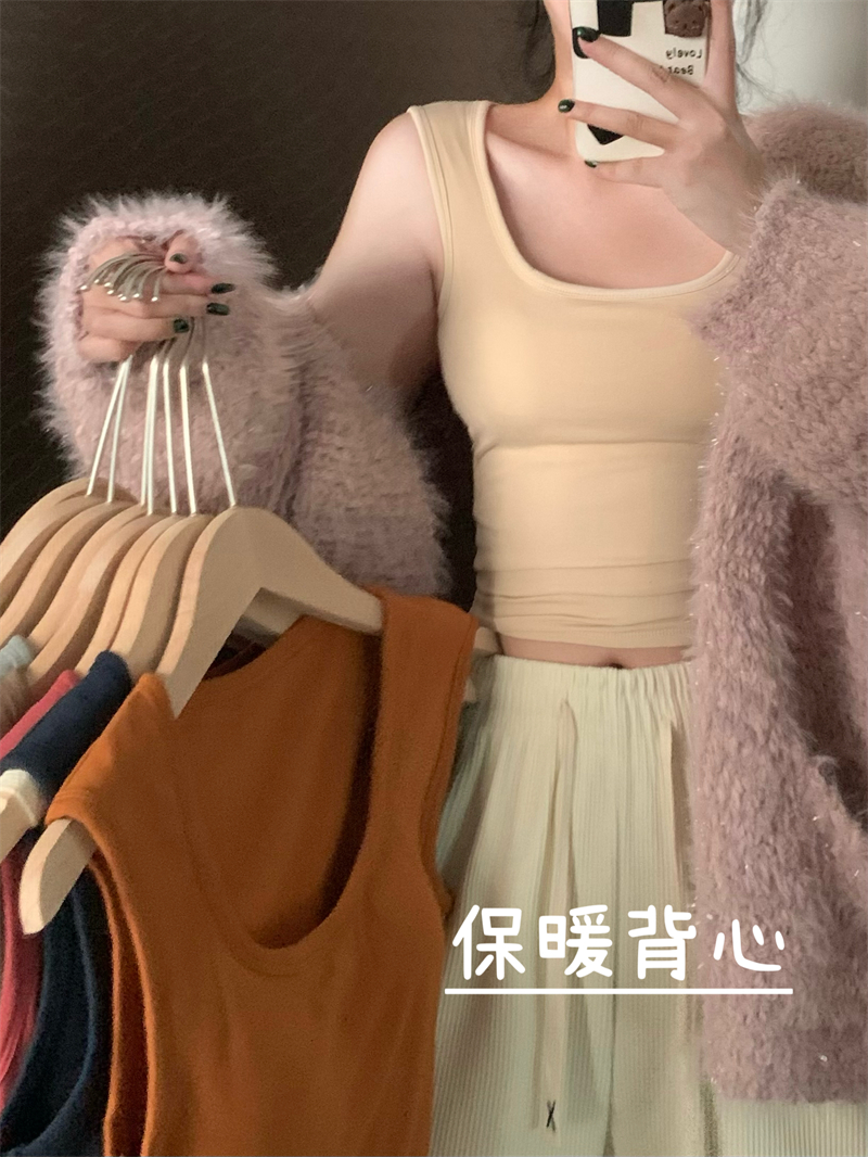 實拍磨毛加絨帶胸墊秋冬保暖背心內搭顯瘦修身美背短款上衣