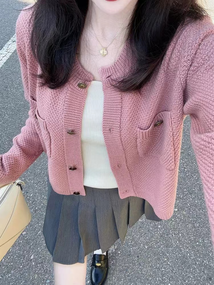 初秋新款女裝套裝法式高級感慵懶風粉色毛衣灰色百褶短裙子兩件套