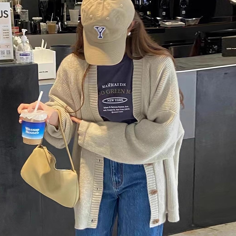 Korean chic autumn and winter new style lazy style V-neck soft glutinous pit strips loose and versatile knitted sweater cardigan jacket for women