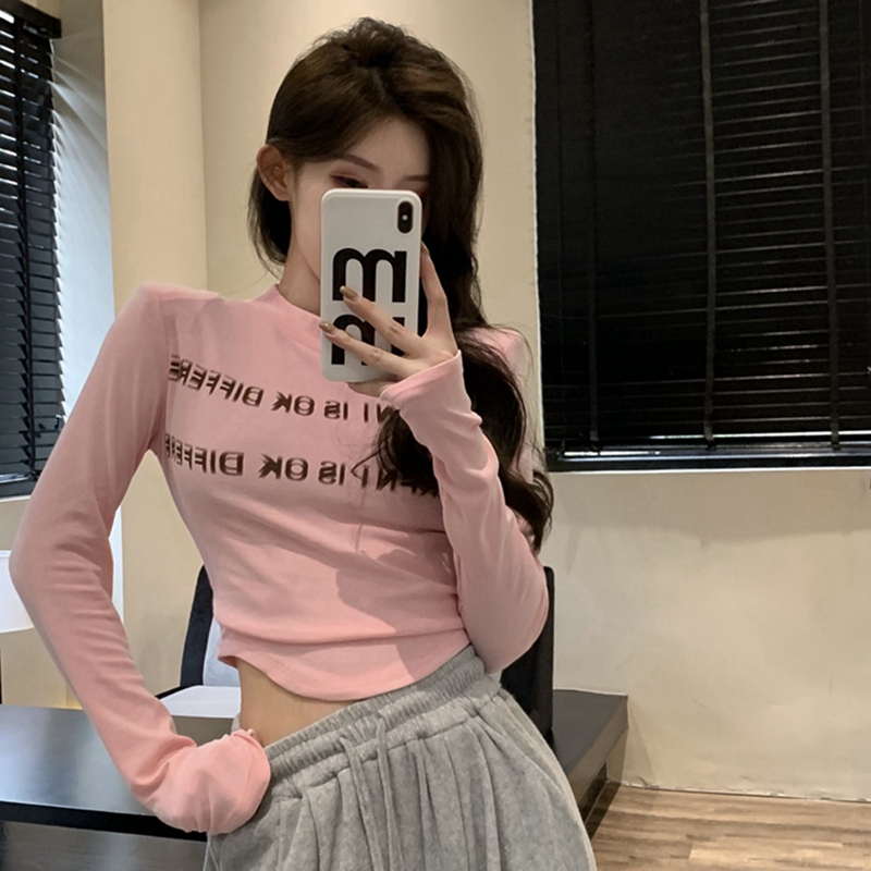 Official photo German velvet rib 260g 90 polyester 10 spandex white letter shoulder pad long sleeve T-shirt for women in autumn