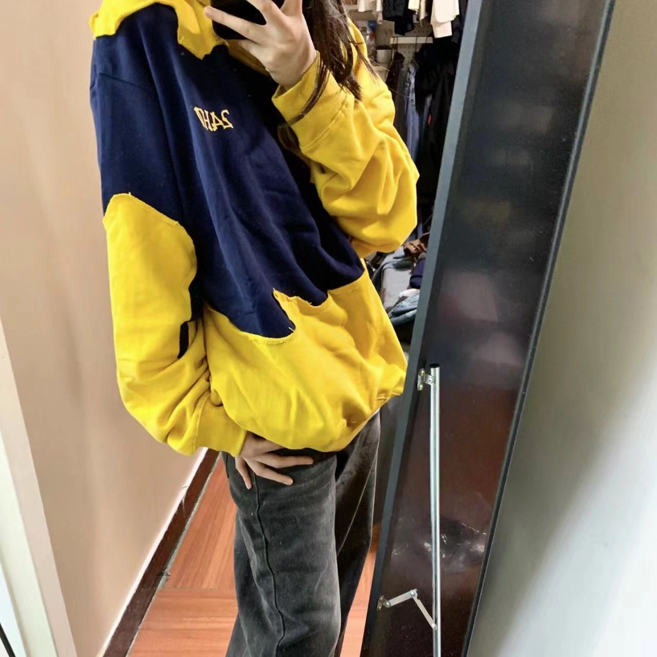 美式oversize黃色連帽衛衣女春秋撞色拼接hiphop潮牌高街情侶外套