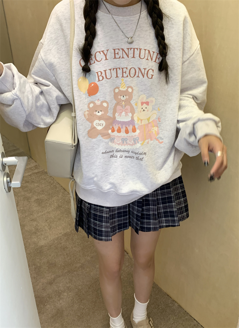 實拍~ 原創 韓系可愛卡通hppy小熊印花寬鬆顯瘦長袖圓領衛衣