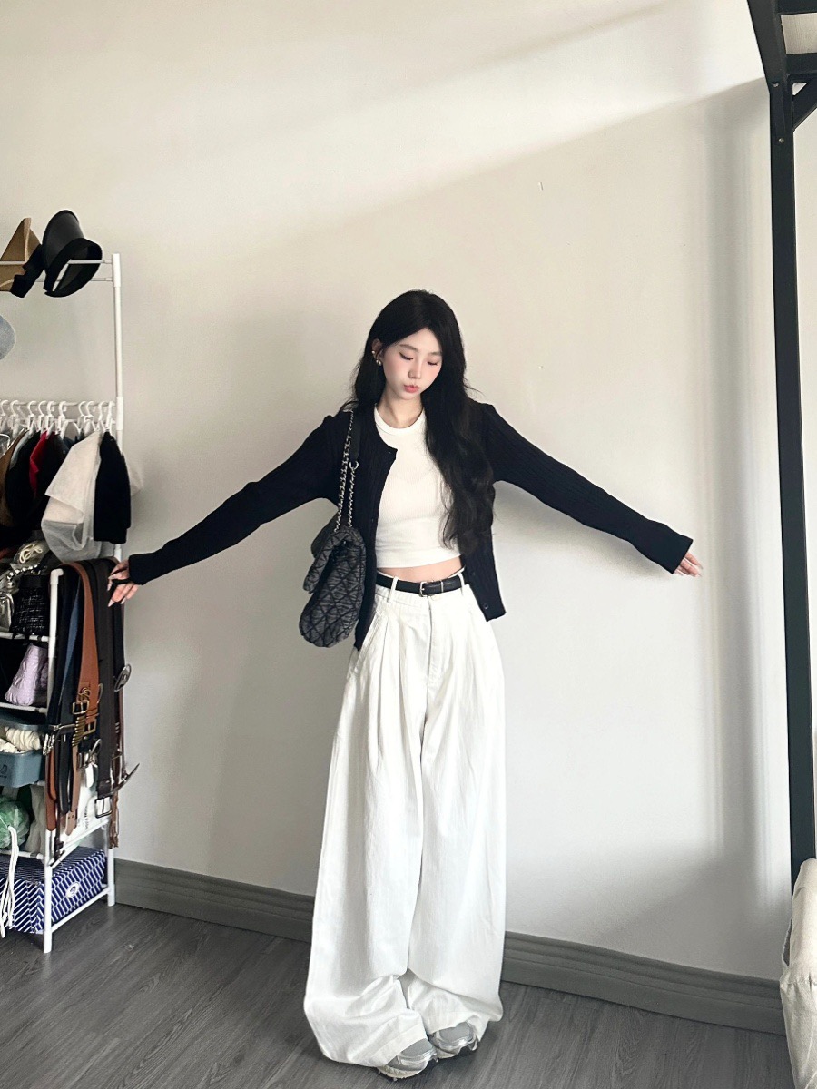 麻花針織衫女長袖開衫外套秋季高腰闊腿褲白色牛仔褲休閒兩件套裝
